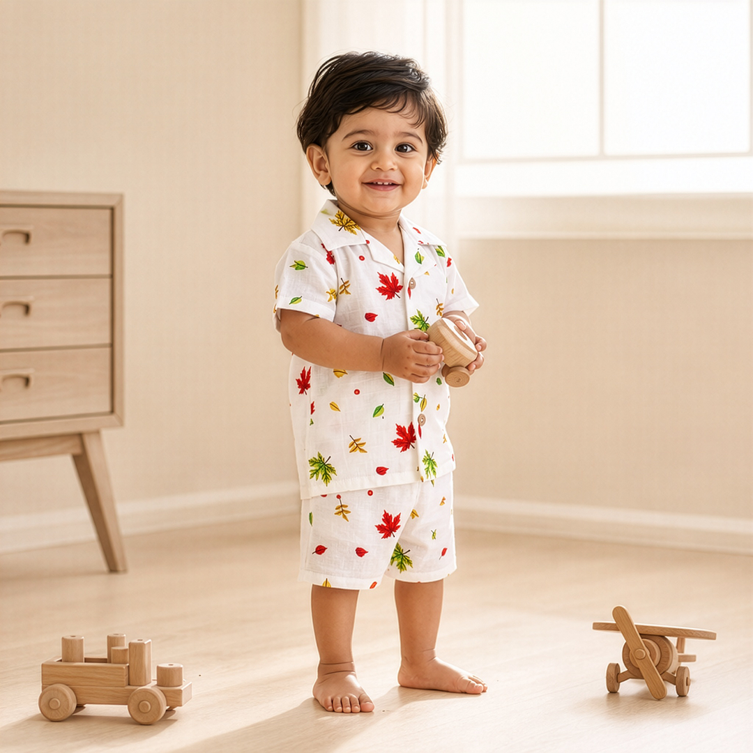 Autumn Breeze | Organic Muslin Collar Shirt & Shorts Set