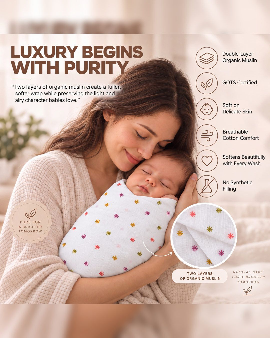 Moon Pebbles| Organic Muslin Baby Swaddle (GOTS Certified)